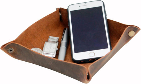 boshiho Valet Tray for Men, Leather Jewelry Catchall Key Phone Coin Box Change Caddy Bedside Storage Box (Crazy Horse Leather - Dark Brown)...