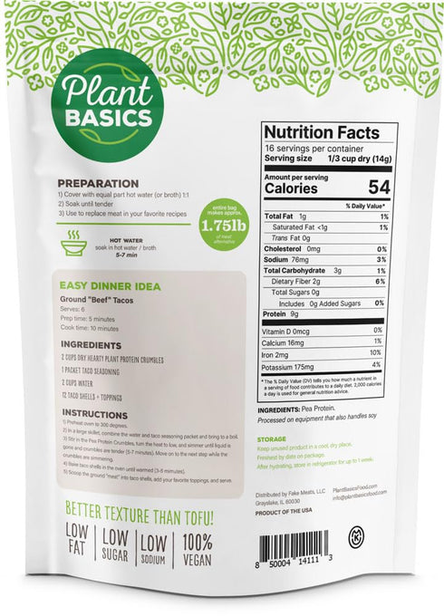 Plant Basics - Hearty Plant Protein - Unflavored Crumbles, 8 oz, Made from Peas, Non-GMO, Gluten Free, Low Fat, Low Sodium, Vegan, Meat Substitute...