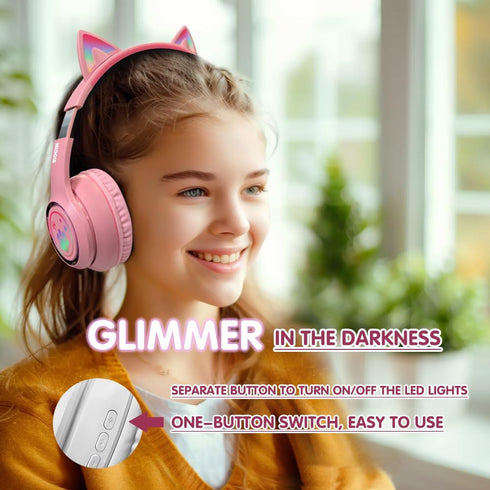 Headphones Cat Ear Wireless Bluetooth 5.3 60H Over Ear, 8H with Led Light Foldable Music Gaming Headset with Aux 3.5mm Mic for Game Pad Tablet Lap...