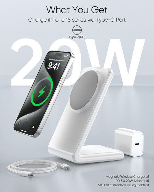 Mag-Safe Charger Stand (with 20W Adapter, 5Ft USB-C Cable) for Apple Standby Mode, Magnetic Wireless Charger with Fast Charging Capability for iPh...