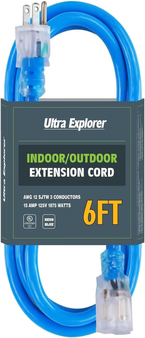6 FT Outdoor Extension Cord with Lighted End - 12/3 Gauge Heavy Duty Extension Cord, 3 Prong Grounded Power Extension Cord, Blue, 15 AMP, SJTW...