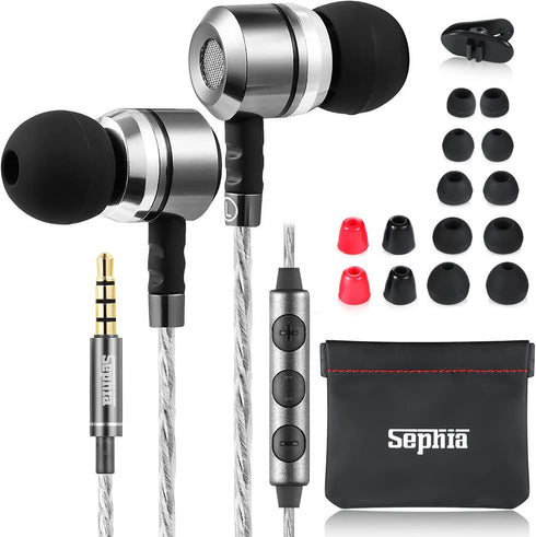 sephia Sp3060VC Earbuds Wired in Ear Headphones with Microphone Noise Isolating Ear Bud Tips Enhanced Bass Case 3.5mm Earphone Jack 3.9 Feet Long ...