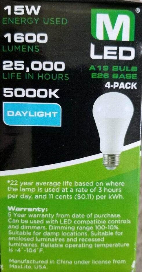 Maxlite LED Dimmable 4 Pack A19 Bulb 100W Daylight 5000K, White...