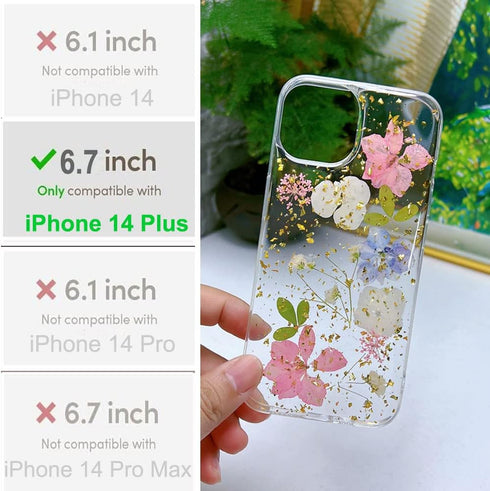 Abbery Designed for iPhone 14 Plus Case Sparkly Pink Flower Design Cute Clear Glitter Soft Silicone Real Dried Pressed Floral Aesthetic Phone Cove...