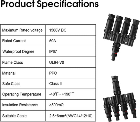 4 to 1 Solar Panel Connectors T Branch Connectors Cable Splitter Coupler 1 Male to 4 Female (M/4F) and 1 Female to 4 Male (F/4M) for Parallel Conn...