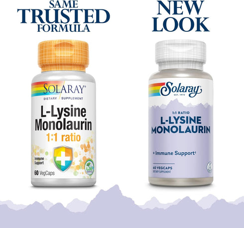 SOLARAY L-Lysine Monolaurin Immune Support Supplement, 1:1 Ratio for Immune System Function, Skin and Gut Health Support, 500 mg Each, 60-Day Mone...