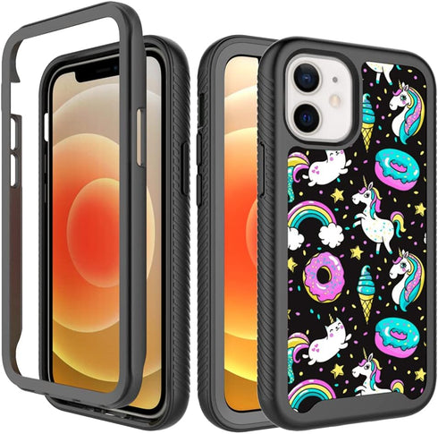 Compatible with iPhone 12 Mini, Rainbow Unicorn Black Pattern Dual Layer Heavy Duty Shockproof Shockproof Defender Transparent Bumper Back Cover P...