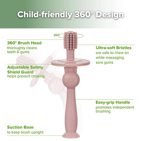 haakaa 360° Baby Toothbrush with Suction Base - Gentle Cleaning for Infant Self-Brushing Training, Food-Grade Silicone, Adjustable Safety Shield -...