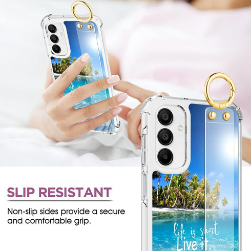 OOK Wrist Strap Case for Samsung Galaxy A15 5G with Kickstand, Seabeach Wristband Crystal Shockproof Protection Phone Case for Women Girls Clear C...