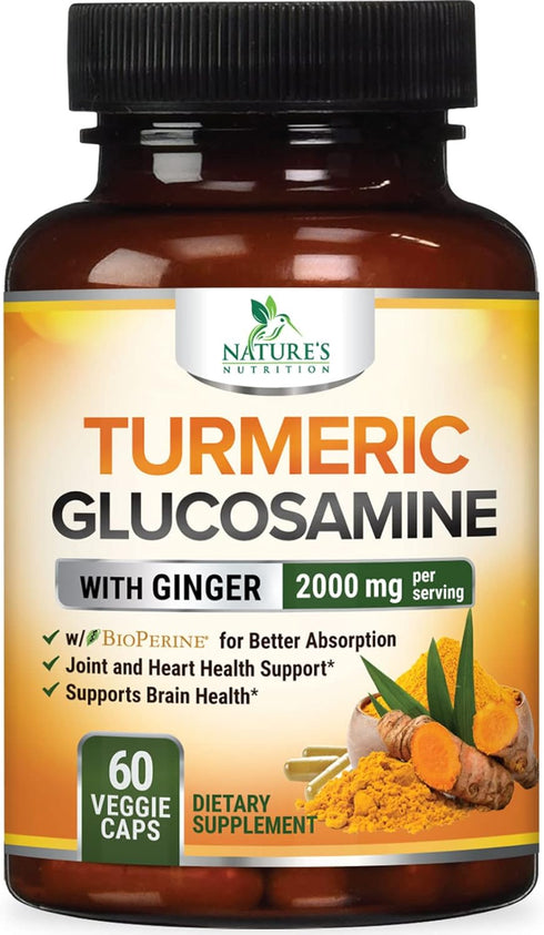 Turmeric Curcumin with BioPerine, Ginger & Glucosamine 95% Curcuminoids 2000mg Black Pepper for Max Absorption Joint Support, Nature's Tumeric Her...