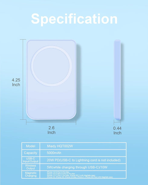 Miady Magnetic Wireless Portable Charger 5000mAh, USB C PD 20W Fast Charging Power Bank, Magnetic Battery Compatible with iPhone 14, 14 Pro, 14 Pr...