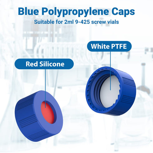 FOUR E'S SCIENTIFIC 2ml Autosampler Vials 100 Pack - HPLC Vial | 9-425 Amber Vial with Blue Screw Caps | Writing Patch | Graduation | White PTFE &...