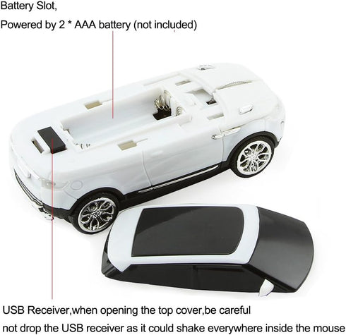 3C Light Car Mouse Wireless 2.4GHz Cool Sport SUV Car Shape Mouse Optical Mice 1600 DPI with USB Receiver Suitable for PC/Computer/Laptop (White)...