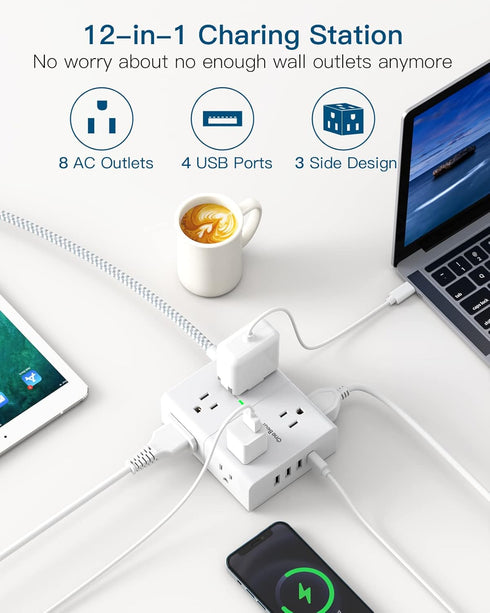 Extension Cord 6 Ft, Surge Protector Power Strip - 8 Widely Outlets 4 USB Ports 10 Ft Long Cord, Flat Plug, Wall Mount, 3-Side Outlet Extender Ove...