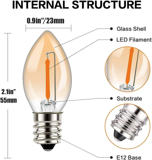 Tsunetani-C7 Edison LED Filament Mini Night Light Bulbs 0.5W Equivalent to 5 Watt Incandescent - E12 Candelabra Base 2200K Ultra Warm White for Ho...