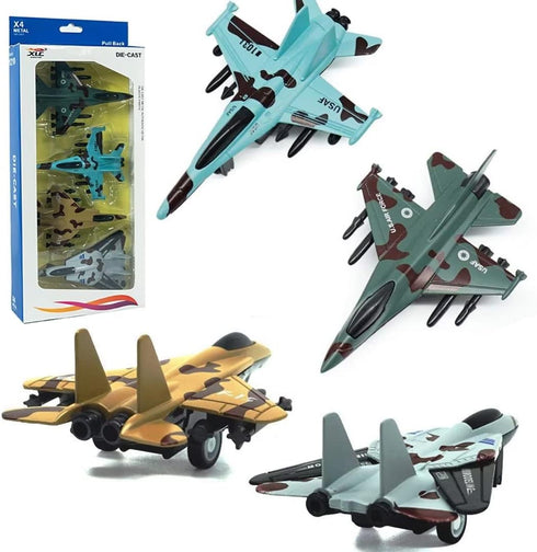 Pull Back Airplane Toy Set Die Cast Metal Military Themed Fighter Jets, Good for Kids Toy Set Collection - 4 Pcs (Blue)...