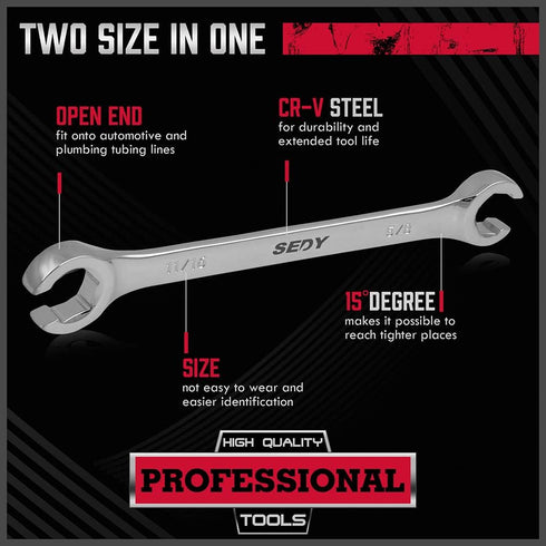 4-Piece Flare Nut Wrench Set - SAE Brake Line Wrench 1/4, 5/16, 3/8, 7/16, 1/2, 9/16, 5/8, 11/16-inch, Professional Offset Heads, Portable Organiz...