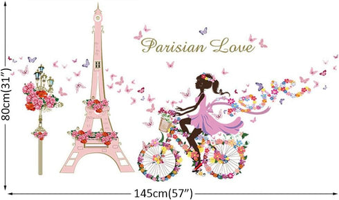 Girl Bicycle Wall Stickers Flowers Eiffel Tower Wall Decals Mural for Kids Bedroom Living Room...