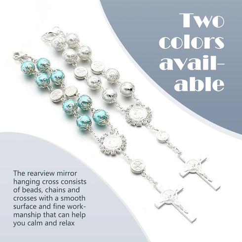 2 PCS Car Interior Rearview Mirror Decorative Pendant, 0.39" Rosary with Tori Cross Bead Hanging Pendant Bead String, Multi-Purpose Personalized F...