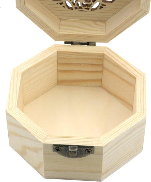 MY MIRONEY 3.7" x 2.4" Unfinished Wooden Box with Hollow Carved Pattern Lid Octagon Unpainted Wood Box Jewelry Box DIY Storage Case with Hinged Li...