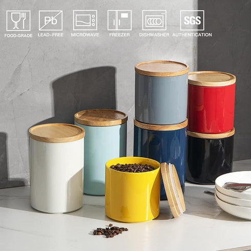 Sweejar Kitchen Canisters Ceramic Food Storage Jar, Stackable Containers with Airtight Seal Wooden Lid for Serving Coffee Bean, Flour, Tea, Spice ...