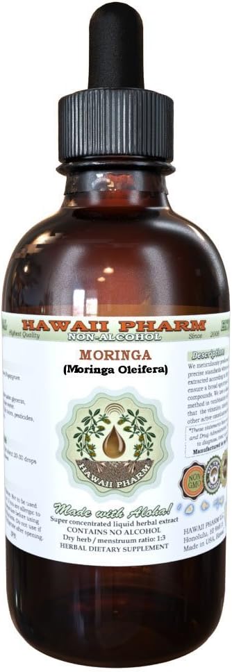 Hawaii Pharm Moringa Alcohol-Free Liquid Extract, Moringa (Moringa Oleifera) Leaf Glycerite Natural Herbal Supplement, USA 2 oz...