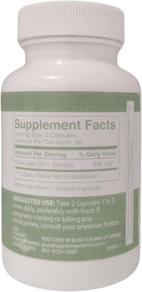 PURE ORIGINAL INGREDIENTS Olive Leaf, (100 Capsules) Always Pure, No Additives Or Fillers, Lab Verified...
