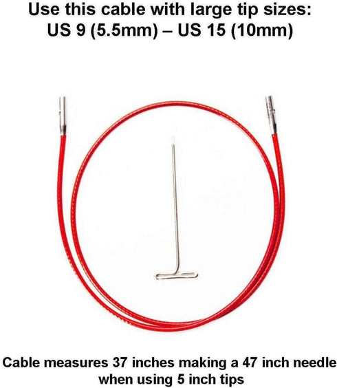 ChiaoGoo Twist Red Lace Cable Large 37-Inch (94cm) Fits US 9, 10, 10.5, 11, 13, 15 Interchangeable Knitting Needle Tips, Includes Tightening Key, ...