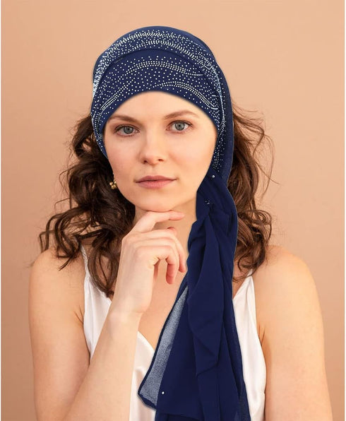 Woeoe Chiffon Muslim Hijab Navy Blue Rhinestone Long Scarf Lightweight Breathable Head Wrap Scarf Shawl for Women and Girls...
