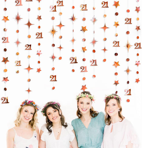 Rose Gold Number 21 Circle Dot Twinkle Star Garland Kit Metallic Hanging Streamer Bunting Banner Backdrop Decoration for Girls 21st Birthday Final...