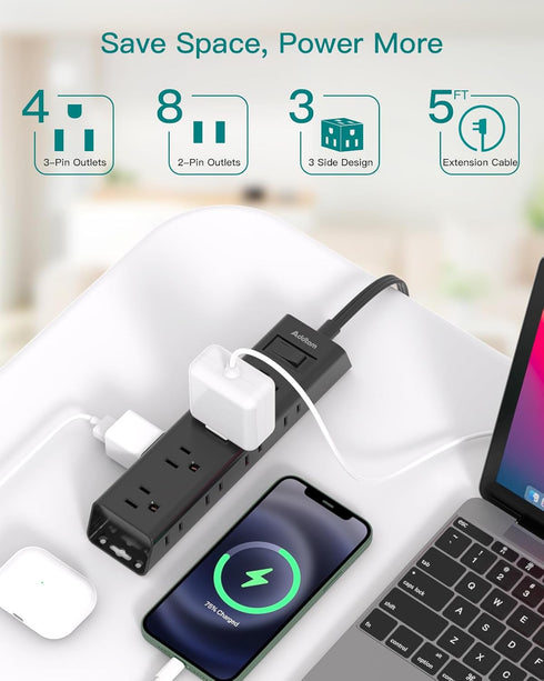 Extension Cord Flat Wall Plug - Surge Protector Power Strip with 12 Outlets, 5ft, Outlet Extender with Multiple Outlets, Wall Mount, Desk Charging...