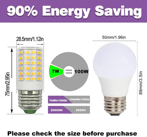 Refrigerator Light Bulb 7W LED E26 100 watt Equivalent E26 Edison Bulb Cool White 6500K Super Bright No Strobe Corn Lamp Non-Dimmable E26 Medium B...