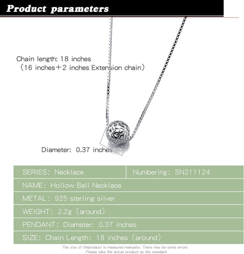 Women 925 Sterling Silver Necklace - Pattern Hollow Ball Pendant Choker- Charm Box Chain 17" - Italian Silver Fine Jewelry Gift...