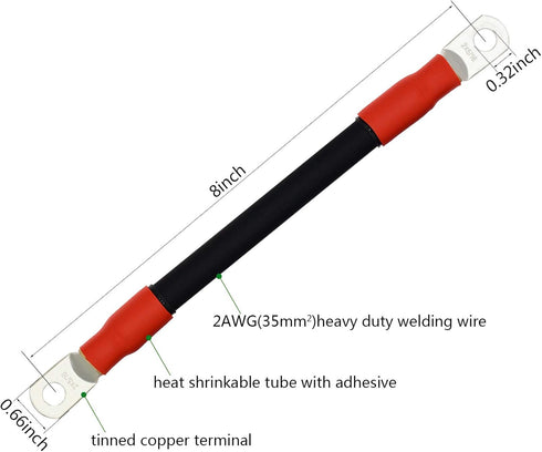 2PC 2 AWG Gauge Battery Power Inverter Cables,Tinned Copper Terminal,Good for Solar,Auto,RV,Motorcycle,Car& Marine (8 Inch,5/16 Lugs)...