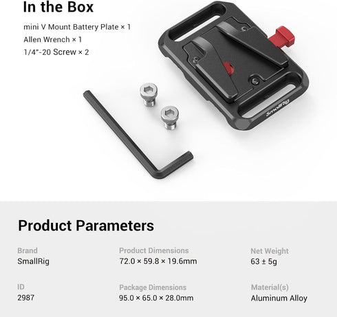 SmallRig Mini V Mount Battery Plate, V-Lock Mount Battery Plate with 1/4"-20 Threads - 2987...