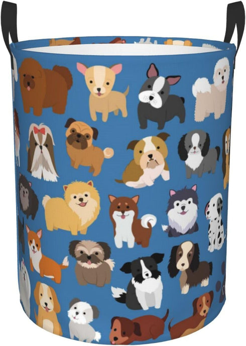 Cute Dogs Blue Round Laundry Hamper Storage Basket Toys Clothes Organizer Bin For Home Bathroom Bedroom Dorm Nursery, 38l...