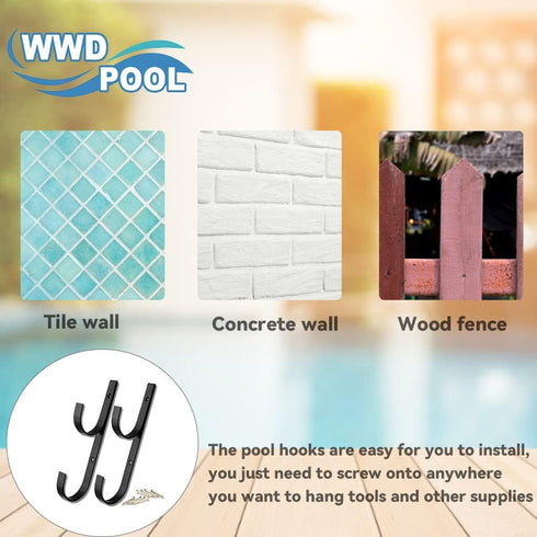 WWD POOL Swimming Pool Aluminum Pole Hanger Set, Black, 2-Pack (4 Hooks), for Telescoping Poles, Leaf Rakes, Skimmers, Nets, Brushes, Vacuum Hoses...