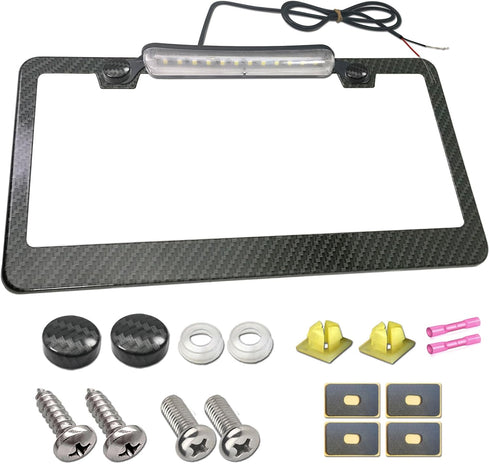 AOOTF License Plate Frame with Light Bar Assembly- License Plate Light Lamp Bulbs & Aluminium Carbon Fiber Car Tag Holder Mount Kit for Truck SUV ...