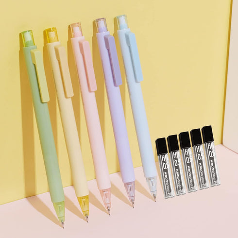 Kaco Mechanical Pencil Set, 5 Pieces Cute Pastel Pencils 0.5mm with 5 Tube HB Lead Refills (5 Pieces - 5 Mixed Color)...
