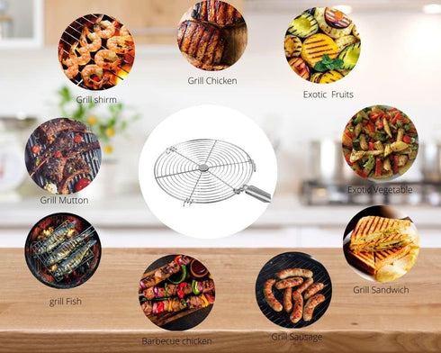 Steel Roasting Roti Jali Wooden Handle with Tong and Pincer Set Roaster,Cooking Rack,Papad Grill,Chapati Grill,Roaster,Food Tong (Round Jali with ...