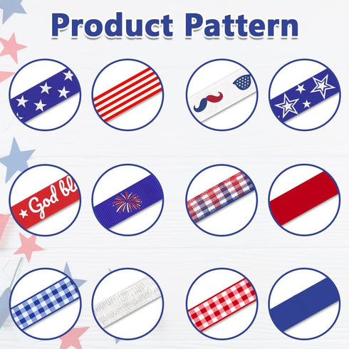 Hying 12 PCS 4th of July Patriotic Ribbons, 3/8" Width Patriotic Grosgrain Ribbons American Stars Craft Ribbon Red Blue Buffalo Plaid Ribbons for ...