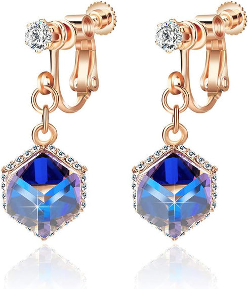 Cube Austrian Crystal Drop Clip On Dangle Earrings for Women Non Pierced 14K Rose Gold Plated Hypoallergenic Jewelry...
