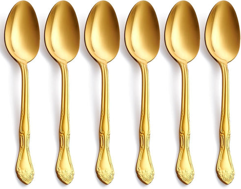Matte Gold Dinner Spoons, FULLYWARE Stainless Steel Satin Finish Soup Spoon Table Spoon Set of 6, Rose Pattern Design, Dishwasher Safe...