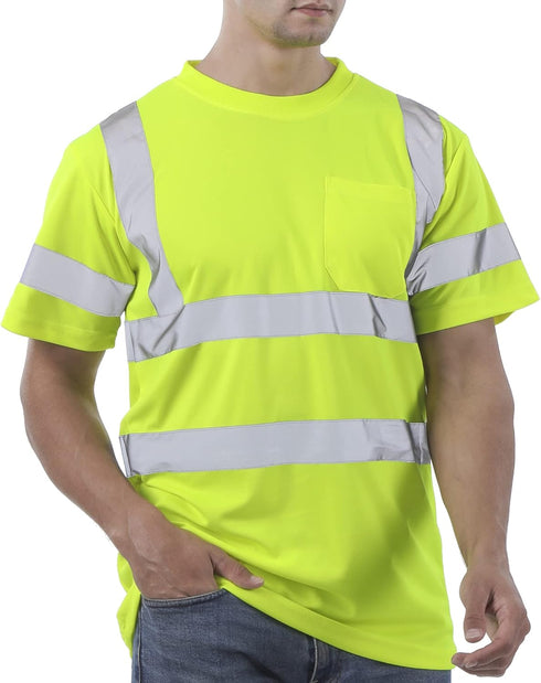 Hi Vis T Shirt Class 3 High Visibility Shirts for Men Safety Shirts with Reflective Strips and Pocket Breathable Construction Work Mesh Short Slee...