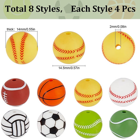 SUNNYCLUE 1 Box 32Pcs Ball Silicone Beads Silicone Round Focal Beads Baseball Soccer Basketball Silicone Sports Beads for Jewelry Making Supplies ...