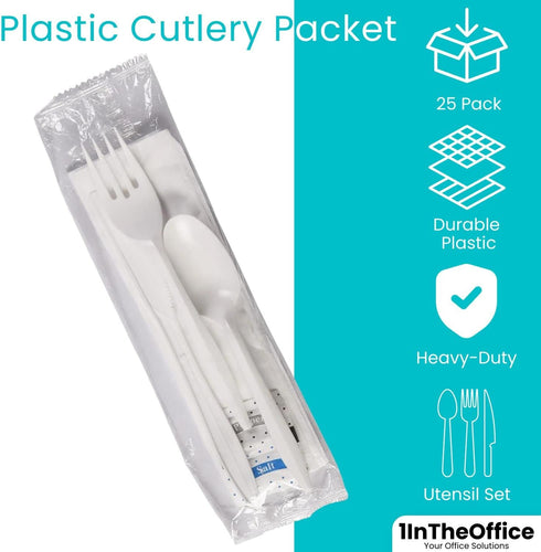 Plastic Utensils Individually Wrapped, Plastic Cutlery Packets, Spoons And Forks Set Disposable With Napkin Salt Pepper, 25 Pack...