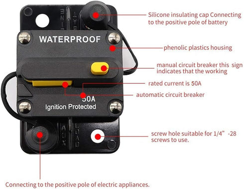 50Amp Waterproof Circuit Breaker 30A-300A with Manual Reset Suitable for Car Rv Marine Automotive Stereo Audio Electronic System...