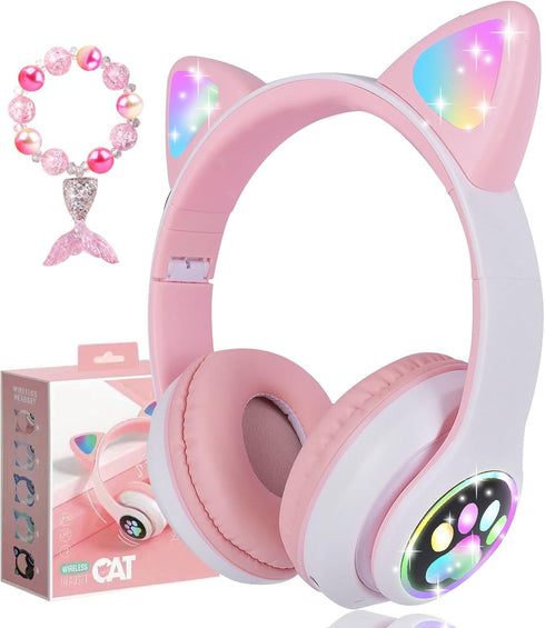 Wireless Headphones for Kids, Cat Ear LED Light Up Bluetooth Kids Headphones with Microphone for School/Travel/Sports/Gaming/Gifts/Christmas (Pink...