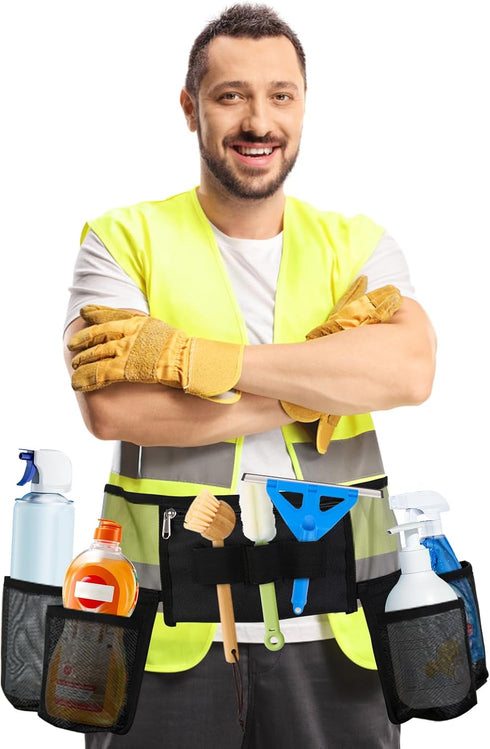 Tool Belt, Cleaning Apron for Cleaning Supplies, Tool Apron for Women and Men Housekeeping, Window Cleaning, 4 Bottle Carrier Bags, Black...