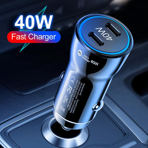 USB C Car Charger, 2-Port 40W Dual USB-C Car Power Adapter PD/QC Fast Charging Cigarette Lighter for iPhone 16/15/14/13/12/11/Pro Max, iPad, Samsu...